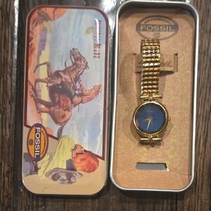 Vintage Fossil Ladies Watch with Gold Band and Blue Dial